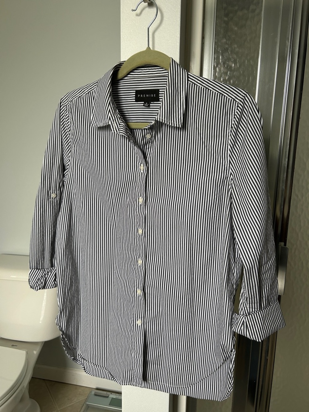 Grey & white stripe oversized button up tunic with vented hem size S